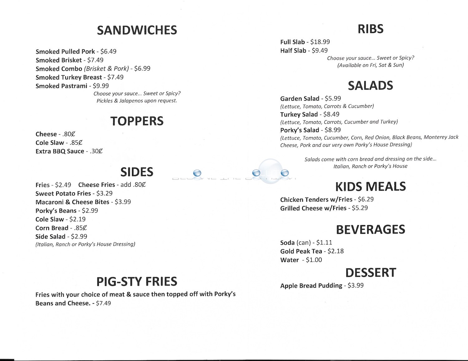 Porky's BBQ Arlington Heights Menu (Scanned Menu With Prices)
